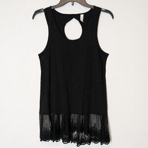 L LOVE Black Cotton Knit Tank Top w Lace Ruffle; Size S